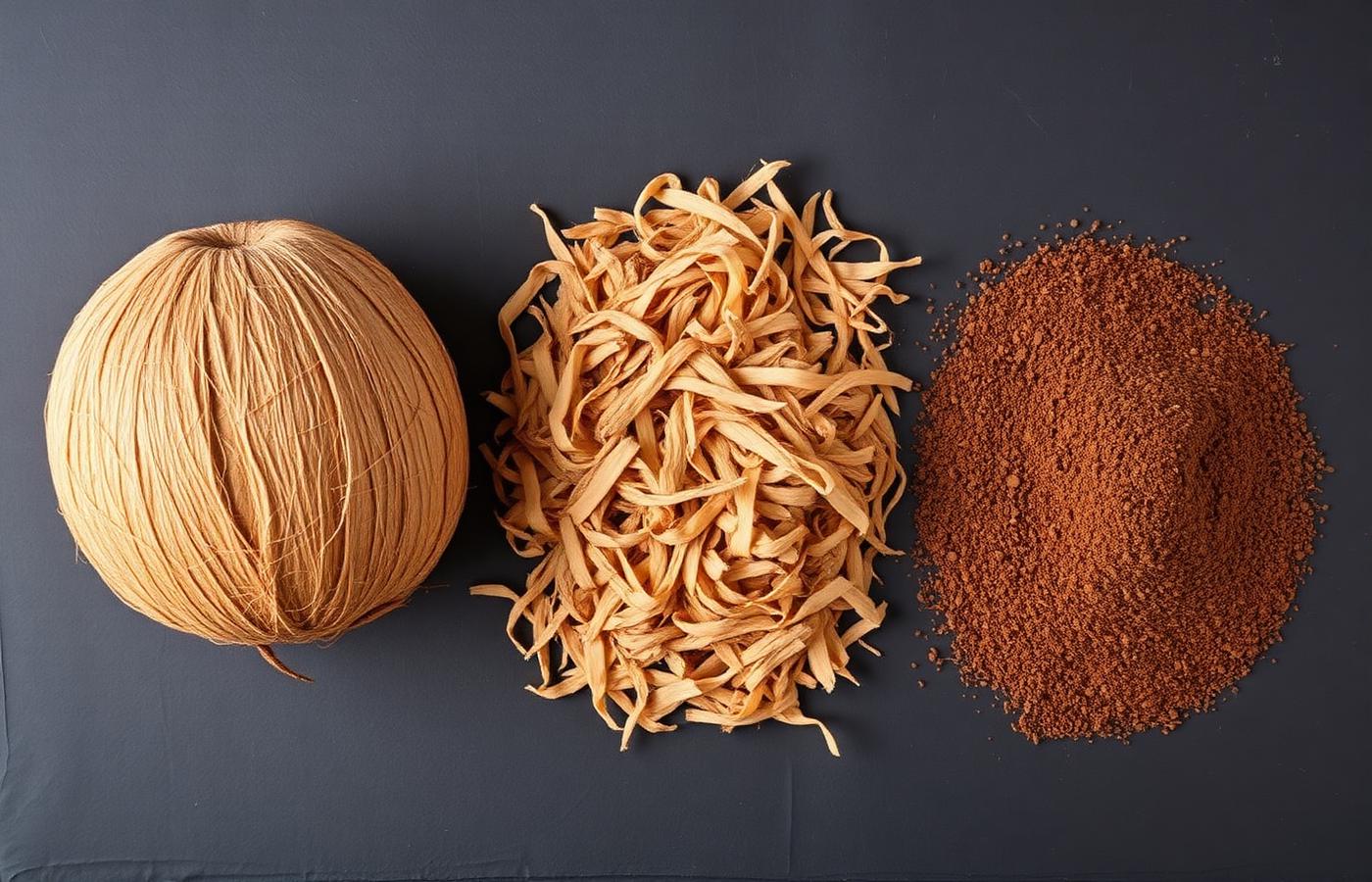 Coconut husk, processed coir fibre and fine cocopeat growing media side by side