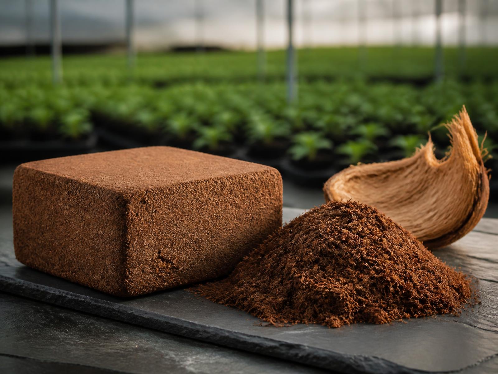 Compressed SmartCoir cocopeat block with loose hydrated cocopeat and coconut husk in a greenhouse